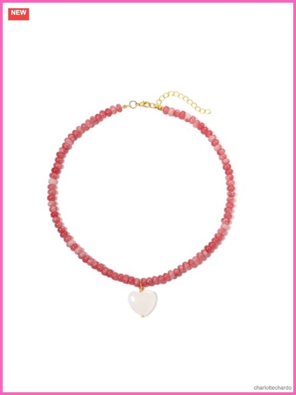 Rhodonite Beaded Necklace with Rose Quartz Heart Pendant, 14K Gold Plated,